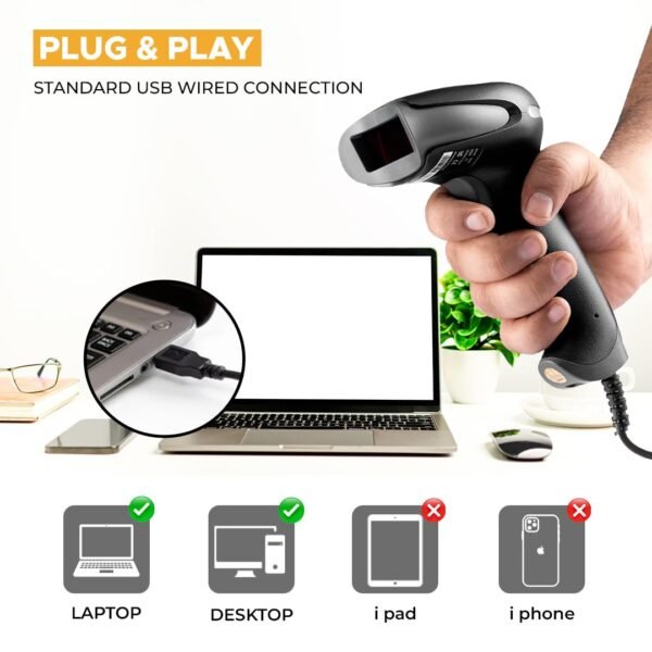 Lapcare 1D Wired USB Optical Laser High Speed 1D Barcode Scanner Reader with Egronomic Design, CCD Scan Engine(200 Scan per Second Decode Rate) Mannual/Continuous/Auto/-Indicative Scanning - Image 3