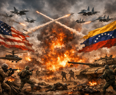 US Venezuela Crisis 2026 - Caracas airstrikes with explosions and Venezuelan flag